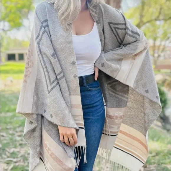 Grey Multi Aztec Ruana with Tassel - Picture 2 of 4